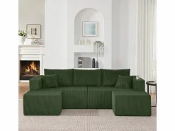 DripeX Sofás Club|Sofá modular ángulo terciopelo acanalado, 2 pufs, portavasos y cojines, , 230x138x75cm