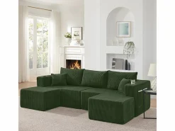 DripeX Sofás Club|Sofá modular ángulo terciopelo acanalado, 2 pufs, portavasos y cojines, , 230x138x75cm