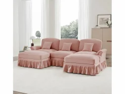 Sofá modular U líneas curvas reposabrazos florales puf móvil chenilla salón Rosa Discount