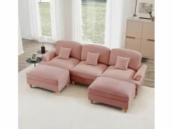 Sofá modular U líneas curvas reposabrazos florales puf móvil chenilla salón Rosa Discount