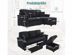 Sofá - 4 Plazas|Sofá Cama|Sofá de 4 plazas - Sofá esquinero con iluminación LED y reposapiés con almacenaje - portavasos y bolsillos laterales - pana