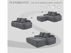 Sofá ángulo modular terciopelo acanalado, portavasos, 2 pufs y 2 cojines, 200x174x80cm,^DripeX Best