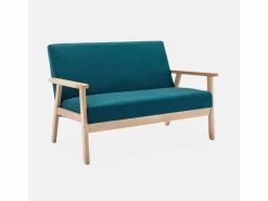 Sofá o banco con tela y patas de madera, 2 plazas azul esmeralda^Sweeek Discount