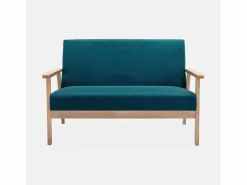 Sofá o banco con tela y patas de madera, 2 plazas azul esmeralda^Sweeek Discount