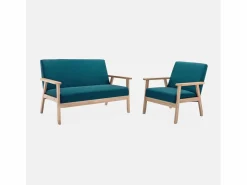 Sofá o banco con tela y patas de madera, 2 plazas azul esmeralda^Sweeek Discount