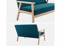 Sofá o banco con tela y patas de madera, 2 plazas azul esmeralda^Sweeek Discount