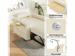 ModernLuxe Sofá plegable multifunción - con puertos de carga USB - con soporte para teléfono - Tejido de pana - Beige Outlet