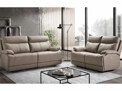 Sofá reclinable eléctrico de cuero Ducka-Marrón claro-Sistema Eléctrico-3 plazas^Les Tendances New