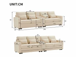 Sofá recto de 4 plazas con consola - 2 portavasos y USB - bolsillos laterales y 4 almohadas - tejido de lino^ Online