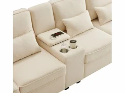 Sofá recto de 4 plazas con consola - 2 portavasos y USB - bolsillos laterales y 4 almohadas - tejido de lino^ Online