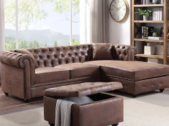 Sofá rinconera chesterfield de microfibra envejecido TOLEDO^Vente-unique New