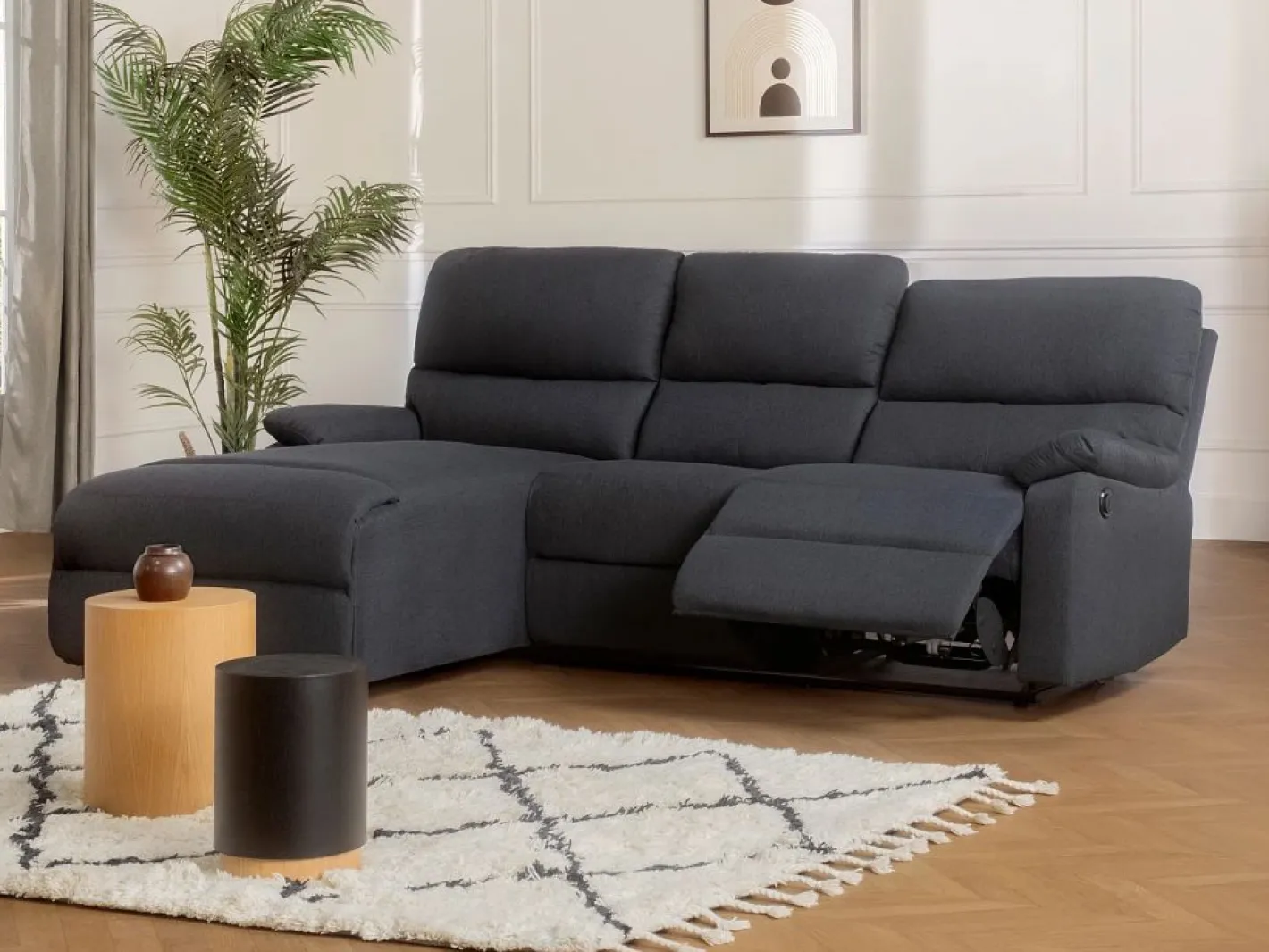 Vente-unique Sofá rinconera izquierda relax eléctrico de tela LUNANO Gris antracita New