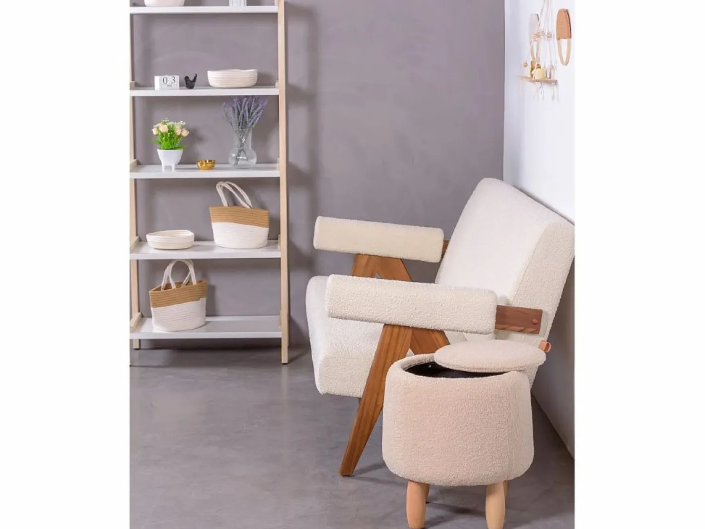 Sofá vintage en madera de teca y tapizado en boucle - Daneu -^Nest Dream Outlet