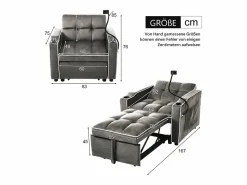 Sofá 83x167x76cm Compacto extensible Ahorra espacio Terciopelo y espuma Con portavasos soporte teléfono oscuro antiguo Gris Online