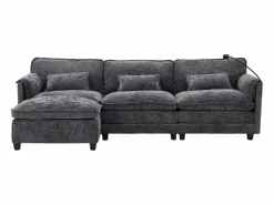 Sofá 279x83x85cm soporte para móvil integrado y puf modular tapizado chenille Gris New