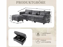 Sofá 279x83x85cm soporte para móvil integrado y puf modular tapizado chenille Gris New