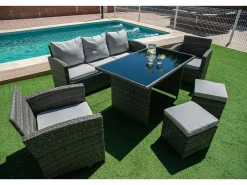 Sofa + Mesa + 2 Sillones+ 2 pufs de Ratan PE. Muebles de Jardin y Terraza,^Saldosystocks Clearance