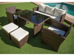 Saldosystocks Comedores De Jardín|Sofa + Mesa + 2 Sillones+ 2 pufs de Ratan PE. Muebles de Jardin y Terraza, Marron