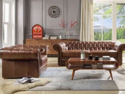 Vente-unique Sofa 3+2 plazas chesterfield de piel envejecida CLOTAIRE Marru00f3n chocolate