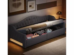 Sofá-cama acolchado 90×200 cm - con tira LED luminosa - compartimento de almacenamiento - con somier de láminas -^ModernLuxe Sale