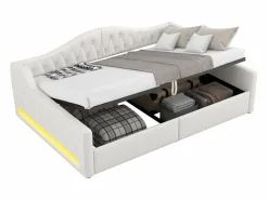 ModernLuxe Sofá-cama acolchado 140×200 cm - con tira luminosa LED - almacenamiento - con somier de láminas - Beige Discount