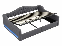 ModernLuxe Sofá-cama acolchado 140×200 cm - con tira LED luminosa - compartimento de almacenamiento - con somier de láminas - Gris Best