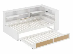 Sofá-cama em madeira maciça 90x200cm - Com cama de rodízio - Com vários compartimentos de arrumação - Com porta de carregamento - Branco (sem colchão)^ModernLuxe Discount