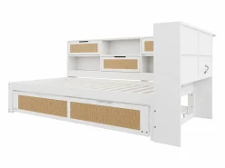 Sofá-cama em madeira maciça 90x200cm - Com cama de rodízio - Com vários compartimentos de arrumação - Com porta de carregamento - Branco (sem colchão)^ModernLuxe Discount