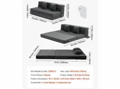 Sofá Vintage|Sofá-Cama Plegable SucceBuy, 3 en 1 con 2 Almohadas, Gris Oscuro, Queen