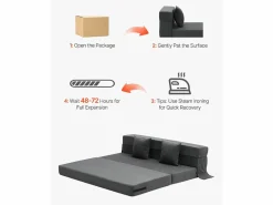 Sofá Vintage|Sofá-Cama Plegable SucceBuy, 3 en 1 con 2 Almohadas, Gris Oscuro, Queen