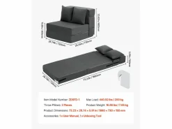 Sofá-Cama Plegable SucceBuy, 3 en 1 Plegable con 2 Almohadas, Gris Oscuro, Individual Gris antracita Sale