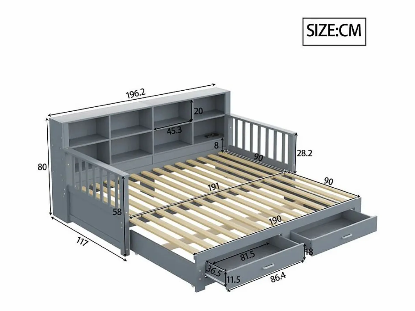 Sofá-cama tipo gigue en madera maciza 90/180x190 cm - con toma de carga - con almacenamiento - con 2 cajones - somier de listones - (colchón no incluido)^ModernLuxe Hot