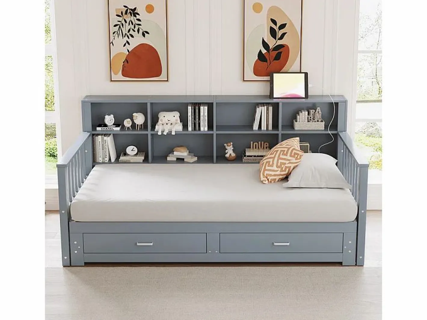 Sofá-cama tipo gigue en madera maciza 90/180x190 cm - con toma de carga - con almacenamiento - con 2 cajones - somier de listones - (colchón no incluido)^ModernLuxe Hot