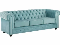 Vente-unique Sofás de 3 plazas, 2 plazas y un sillón de terciopelo azul pastel CHESTERFIELD Azul celeste Outlet