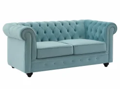 Vente-unique Sofás de 3 plazas, 2 plazas y un sillón de terciopelo azul pastel CHESTERFIELD Azul celeste Outlet