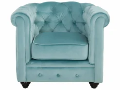 Vente-unique Sofás de 3 plazas, 2 plazas y un sillón de terciopelo azul pastel CHESTERFIELD Azul celeste Outlet