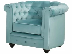 Vente-unique Sofás de 3 plazas, 2 plazas y un sillón de terciopelo azul pastel CHESTERFIELD Azul celeste Outlet