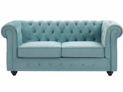 Vente-unique Conjunto Sofás|Sofás de 3 plazas y 2 plazas de terciopelo azul pastel CHESTERFIELD