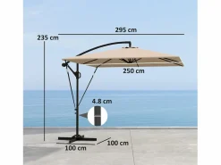 Sombrilla Cantilever Ø260cm, tejido de poliéster 180g/m², protección UV50+, color caqui, incluye base, manivela y funda (295x250x235cm)^ Outlet