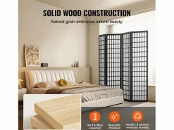 Tabique Divisorio SucceBuy, Tabique Divisorio Japonés de 4 Paneles, Tabique Japonés Portátil, de Madera, Gira 360°, 162 x 170 x 1,9 cm, para Separar Habitaciones Negro New