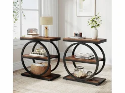 Tabla de apoyo estrecha de 3 niveles, Mesa de salón de madera con marco de metal negro, Mesa baja industrial para sofá^Tribesigns