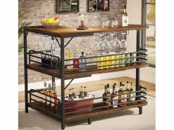Tribesigns Tabla de bar en forma de L, Tabla de licor de 3 niveles de bistro con estantería para vinos y soporte para vasos de vino, Marrón rústico Marru00f3n Online