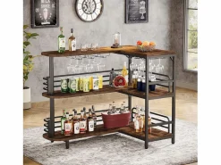 Tribesigns Tabla de bar en forma de L, Tabla de licor de 3 niveles de bistro con estantería para vinos y soporte para vasos de vino, Marrón rústico Marru00f3n Online