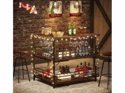 Tribesigns Tabla de bar en forma de L, Tabla de licor de 3 niveles de bistro con estantería para vinos y soporte para vasos de vino, Marrón rústico Marru00f3n Online