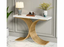 Tribesigns Consola|Tabla de consola estrecha, mesa auxiliar con estructura de metal dorado, 100 x 30 x 80 cm, pequeña mesa de exposición