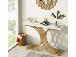 Tribesigns Consola|Tabla de consola estrecha, mesa auxiliar con estructura de metal dorado, 100 x 30 x 80 cm, pequeña mesa de exposición