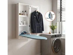 Perchero|Tabla de planchar de pared con mueble de almacenaje, tabla de planchar integrada, estructura plegable, espejo de pared, MDF (35,5x17,5x95 cm)