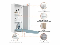 Perchero|Tabla de planchar de pared con mueble de almacenaje, tabla de planchar integrada, estructura plegable, espejo de pared, MDF (35,5x17,5x95 cm)