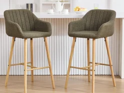 Taburete Alto|Taburete de Bar con Respaldo y Reposabrazos - Pies en Roble, Asiento de Lino - Altura Fija 75 cm - Ideal para Mostrador, Isla de Cocina, Barra