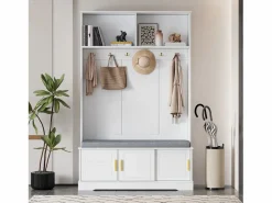 Merax Taquilla - 120 x 40 x 191 cm - con banco zapatero + armario + 6 ganchos triples - aglomerado - Blanco Clearance